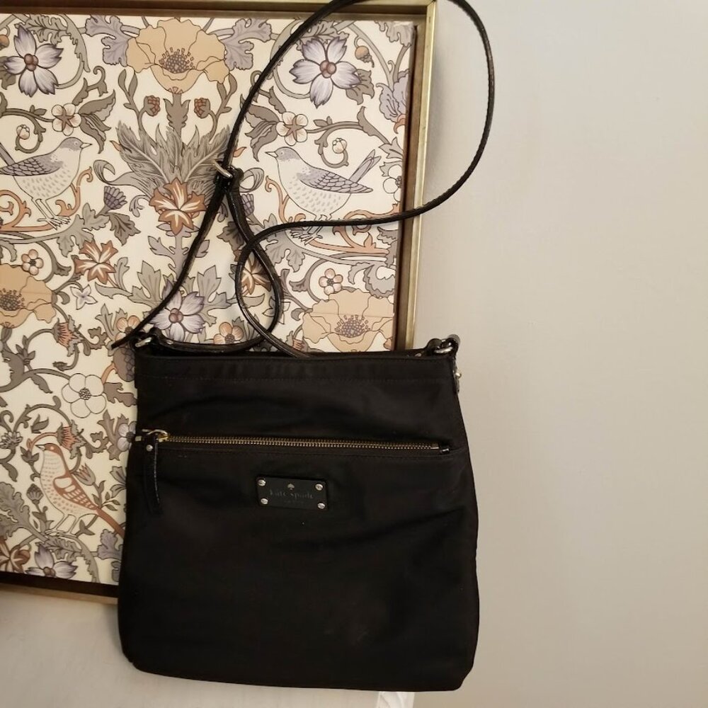 Kate Spade Black Nylon Crossbody Purse Bag, Leather Strap, Zip Top Square